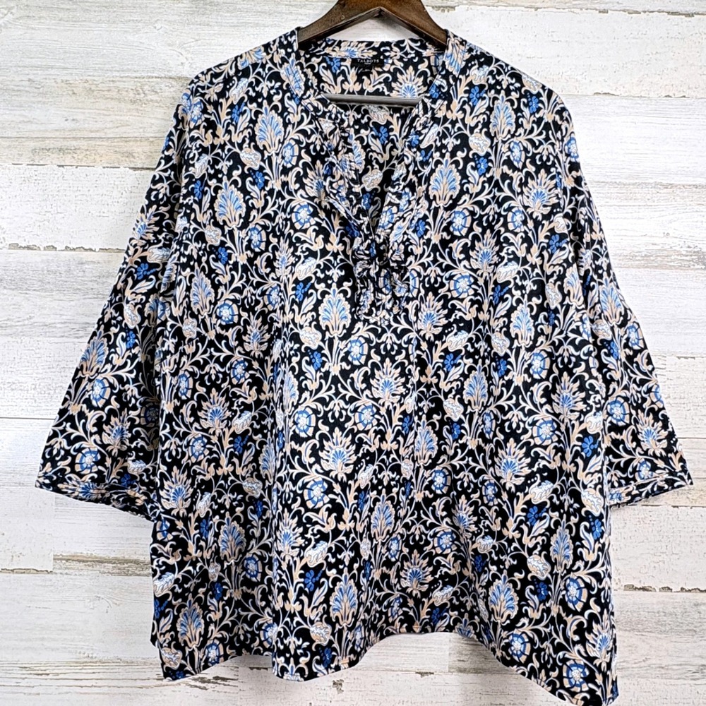 Talbots Black Floral Print V-Neck Blouse with Blue and Cream Accents